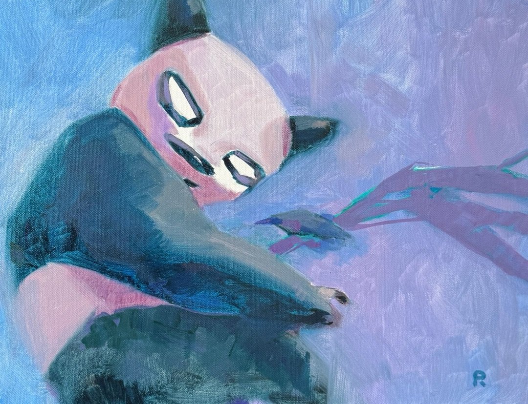 Panda curled up asleep on a blue and lilac ground beside a bare branch
