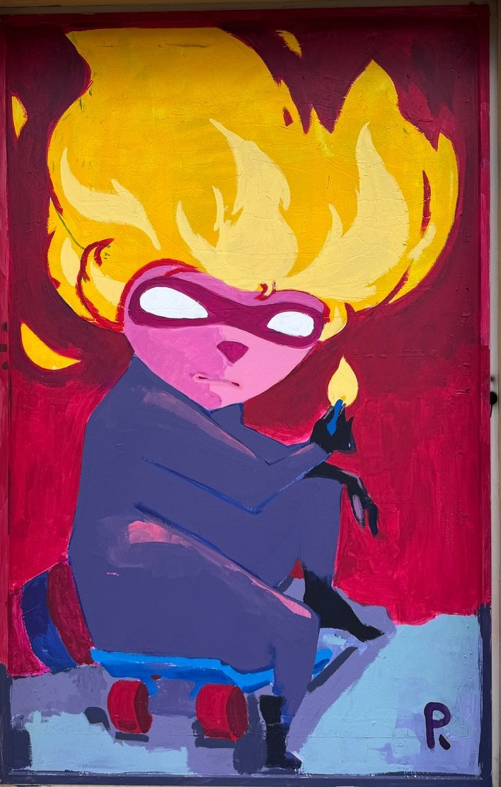 Masked figure with blazing yellow hair holding a lit match, sitting on a skateboard, on red