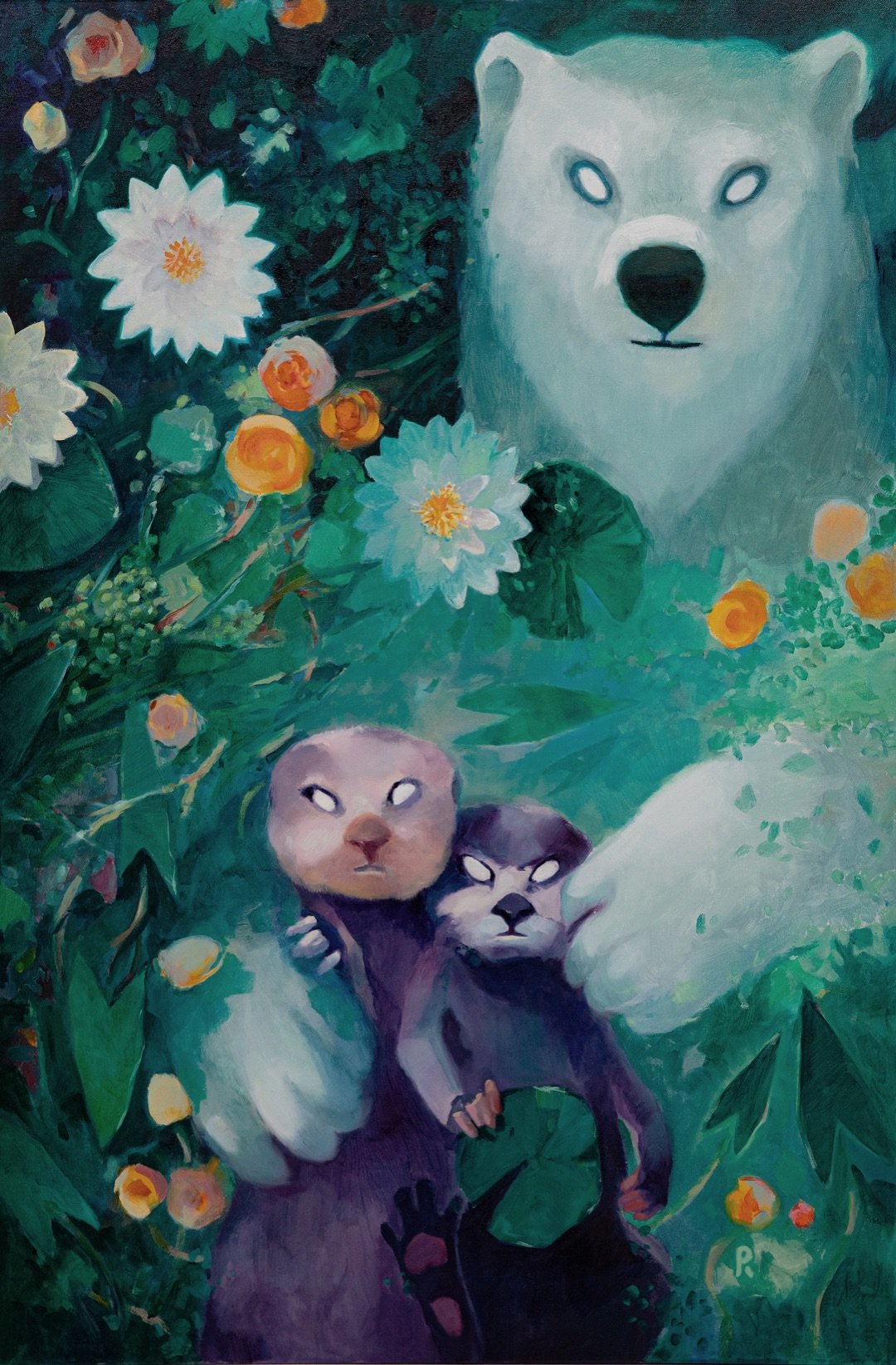 Polar bear among white waterlilies and marigold roses