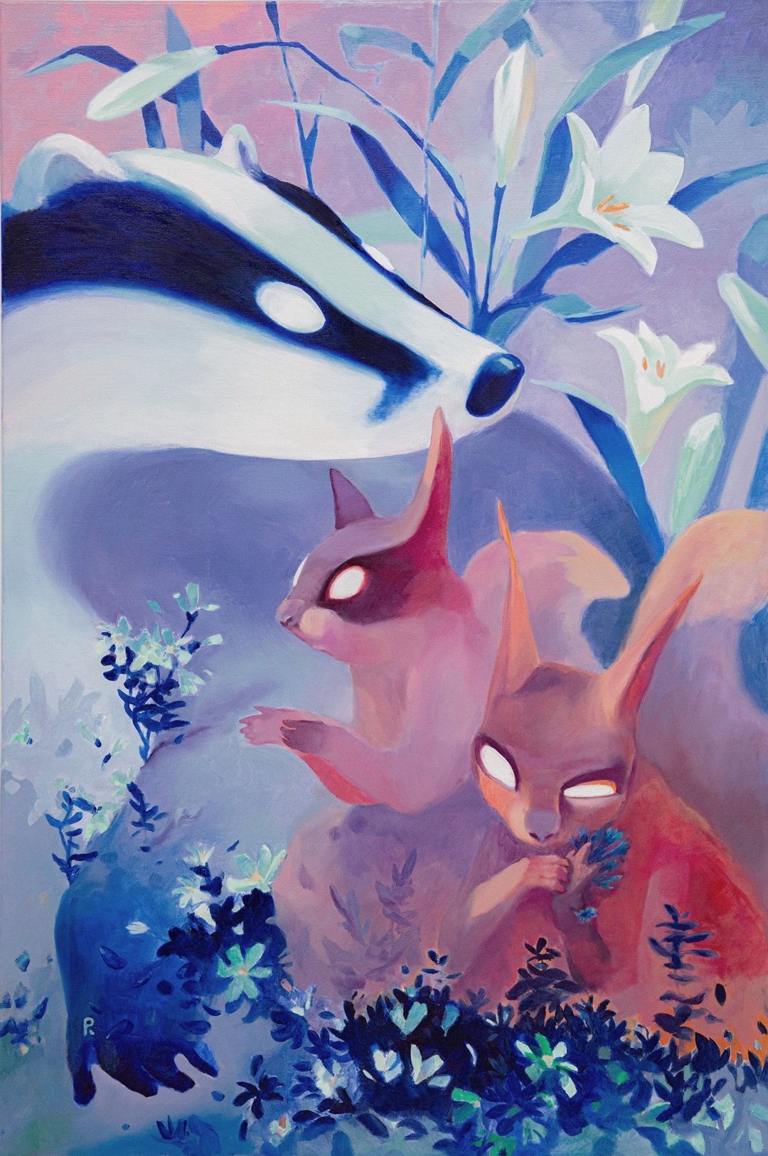 Badger and two squirrels among white lilies and cobalt foliage
