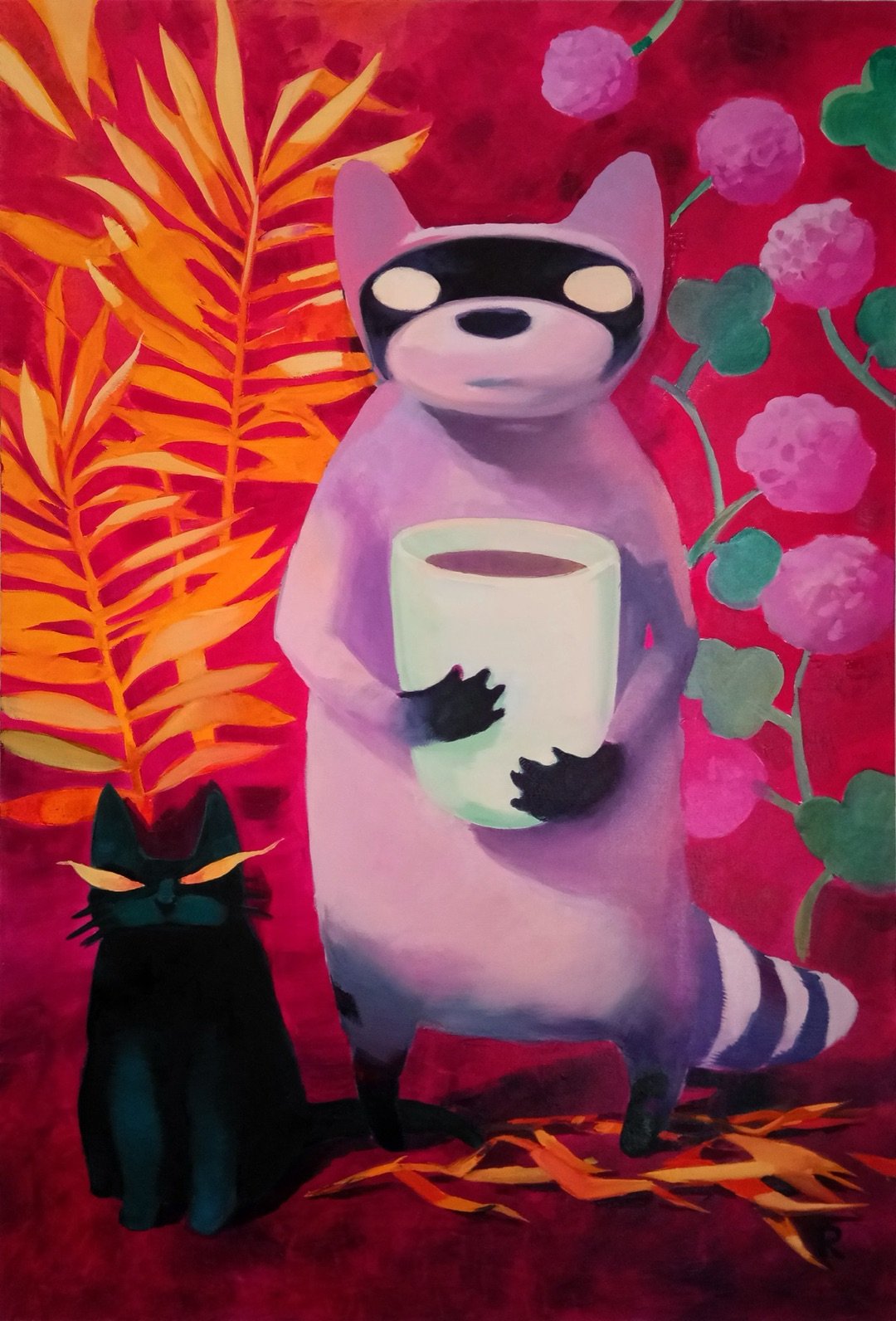 Pink raccoon hugging a big white cup beside a black cat, with an orange fern and pink clover on red