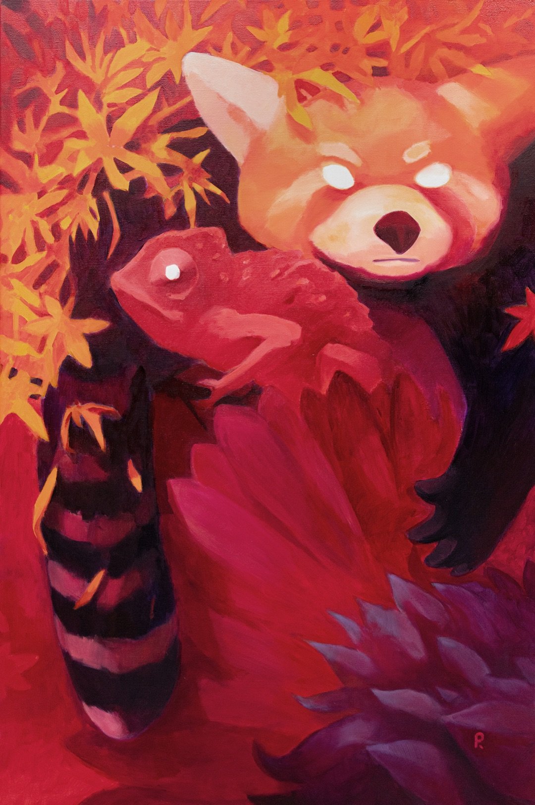Red panda and a chameleon under orange maple leaves