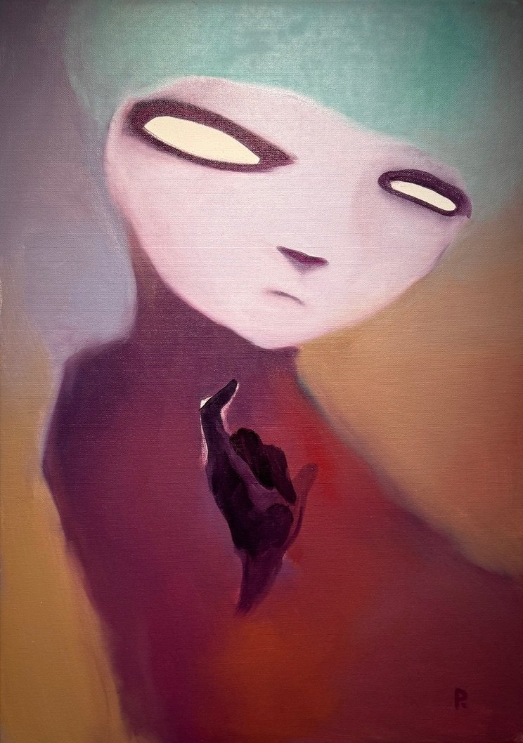 Pale figure with a mint cap and white eyes, a small dark hand at its chest, on copper and violet
