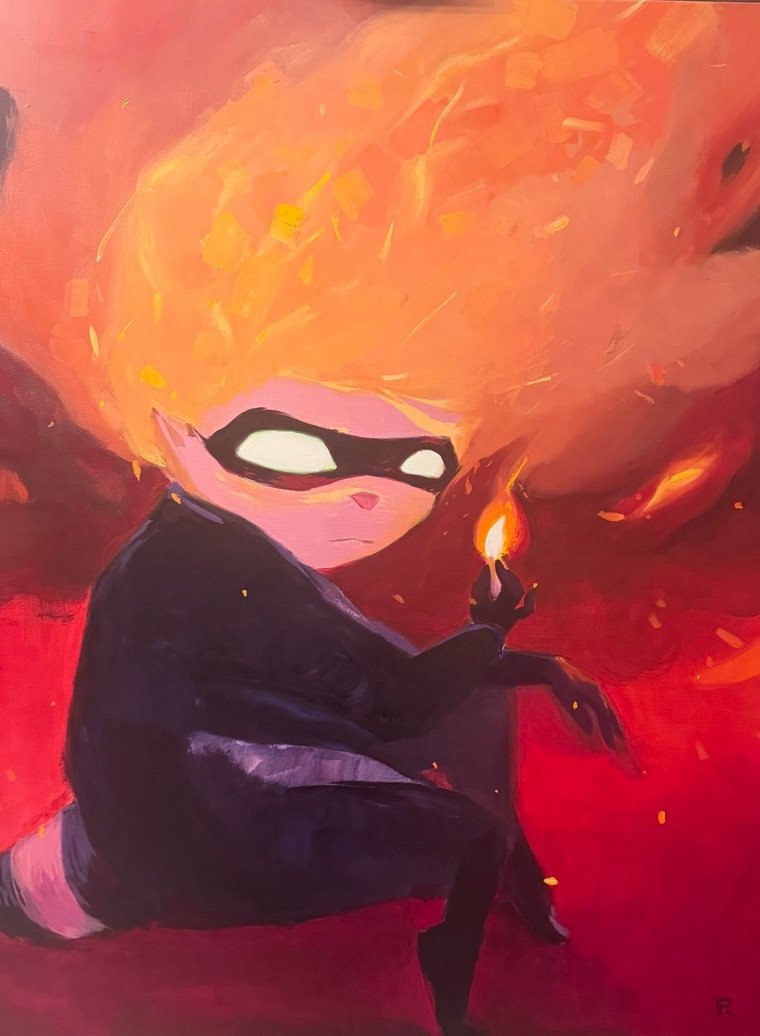 Masked figure with blazing orange hair holding a lit match against red smoke