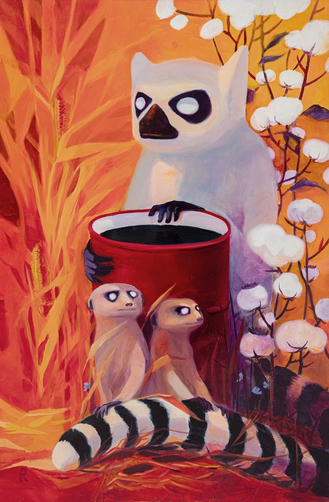 Lemur holding a red cup with two meerkats, corn and cotton