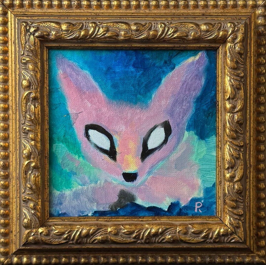 Pink fennec fox with big ears and white eyes on blue and turquoise, in an ornate gold frame