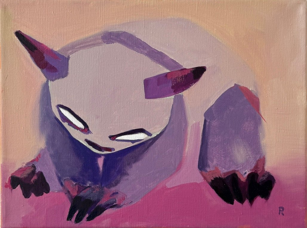 Lilac cat crouched low with narrowed white eyes, on peach and pink