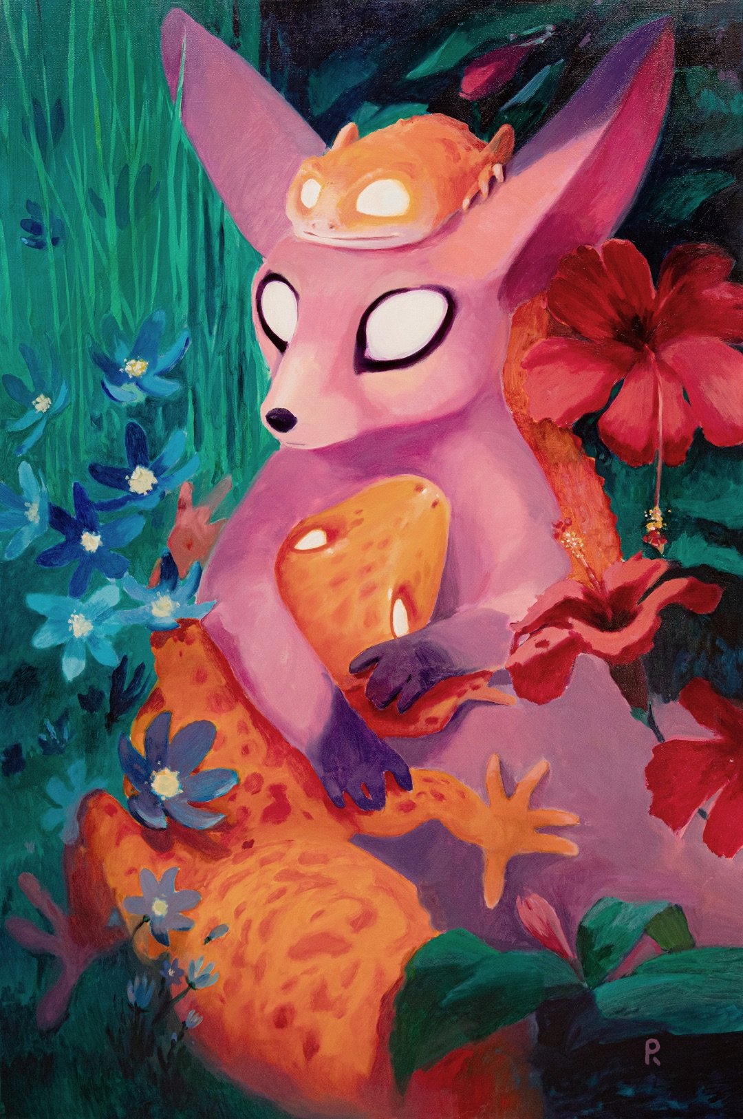 Pink fennec fox holding an orange gecko among hibiscus flowers