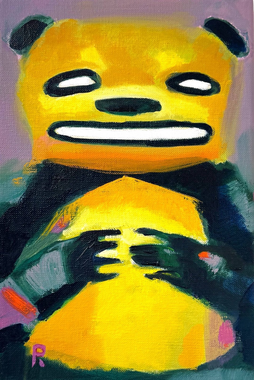 Yellow panda with a toothy grin, hands on a round yellow belly, on lilac