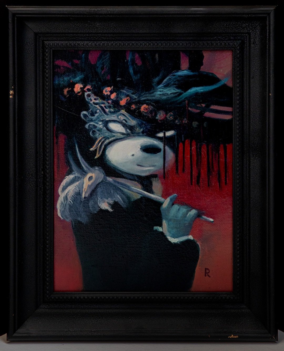 Masked portrait with feathers and a cigarette holder on a red ground