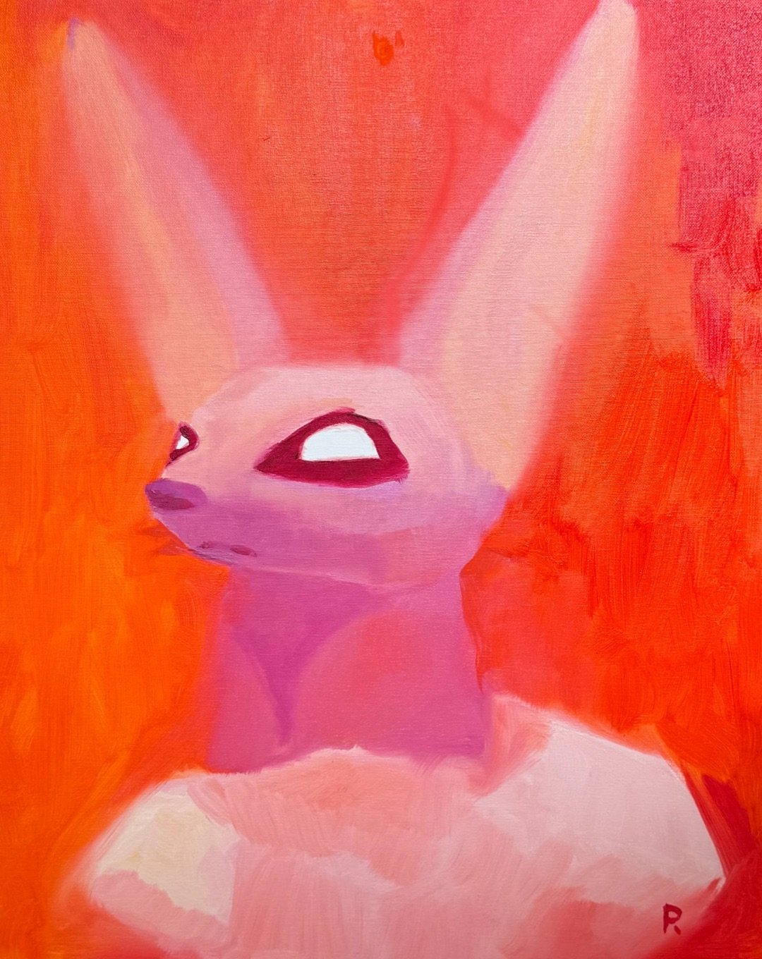 Pink long-eared creature with white eyes looking up against bright orange