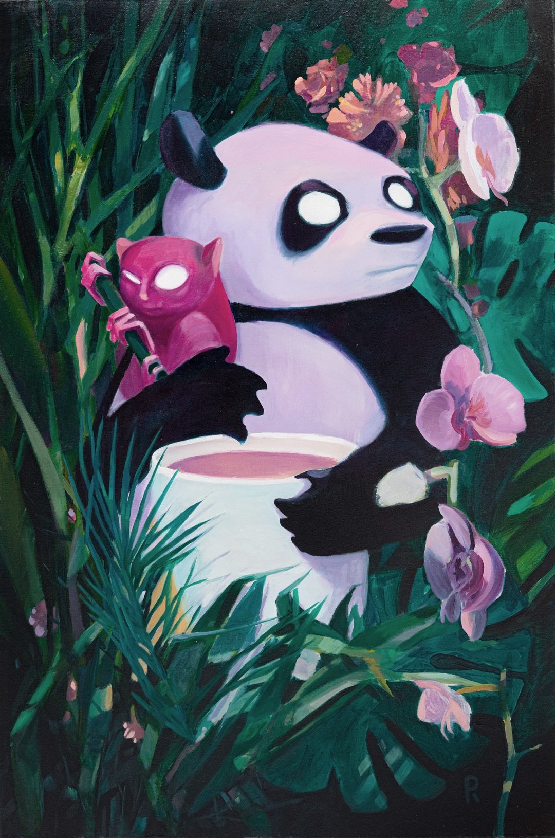Panda holding a cup beside a magenta tarsier and orchids