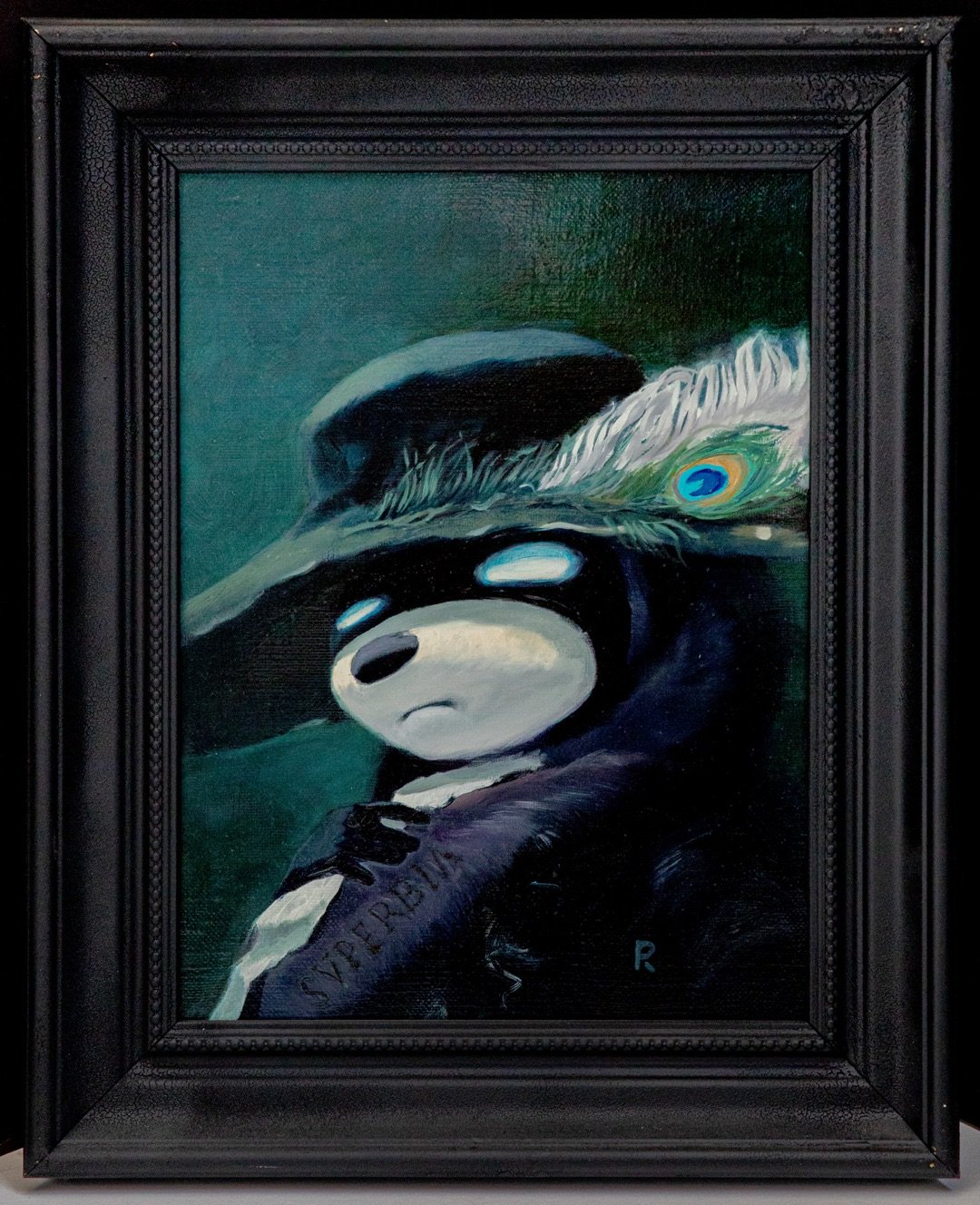 Dark portrait in a wide hat with a peacock feather