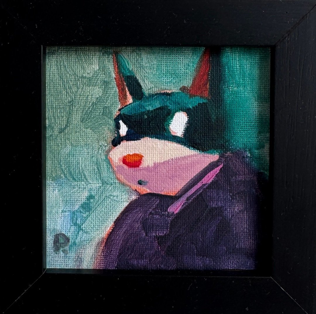 Masked dog in a purple coat with a red nose, on green, in a black frame
