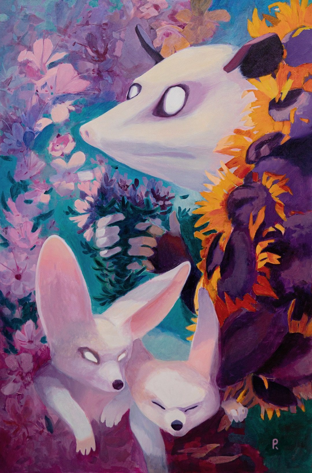 Opossum and two fennec foxes among sunflowers and magenta flowers
